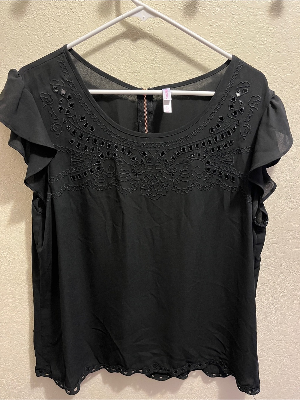 Black Embroidered Ruffle Sleeve Women's Top